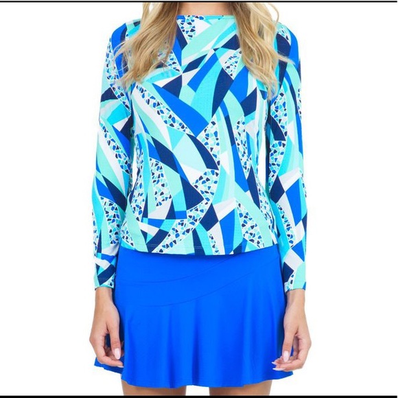 IBKUL Top Crew Neck Long Mesh Sleeve Brianna Blue Golf Tennis PickleBall COOLing - Picture 1 of 4